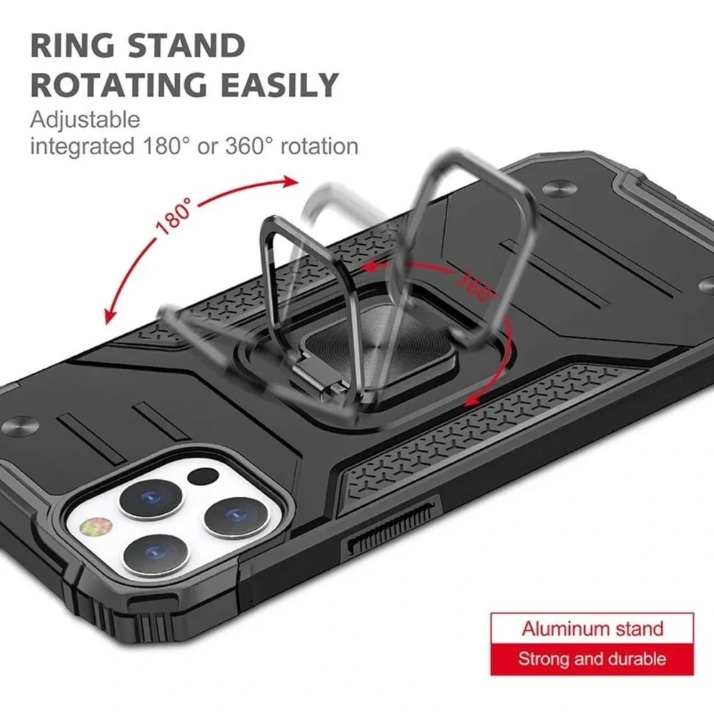 New Rugged iPhone 13 Pro Max Case Heavy Duty Armor Cover with Ring Stand Black